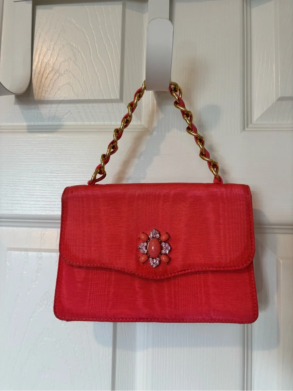 Banana Republic Coral Satin Shoulder Bag with Gold Chain and Jewel Accents